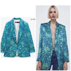 Zara Women's Teal and Green Patterned Blazer